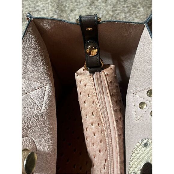 Leather Faux Ostrich Tote Bag Purse Make up Travel 3pc Set Punk and Brown - Picture 4 of 8